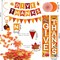 Greentek; Give Thanks Thanksgiving Hanging Banner, 12x71 Inch Fall Porch Sign with Maple Leaf Garland, Paper Fans & Swirls, Autumn Pumpkin Party Backdrop Decorations for Front Door, Porch & Home; Category:Banners; Image:4